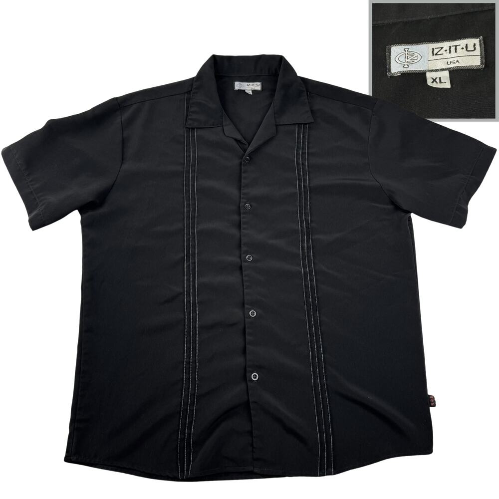 Iz It U Shirt Vintage Rockabilly Bowling Style Black Button Up Retro Men's XL